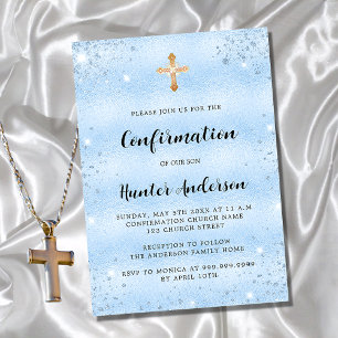Confirmation blue boy elegant script simple invitation postcard