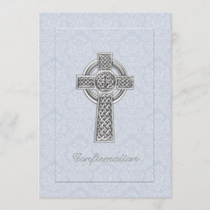 Confirmation Blue Damask Silver Cross Invitation