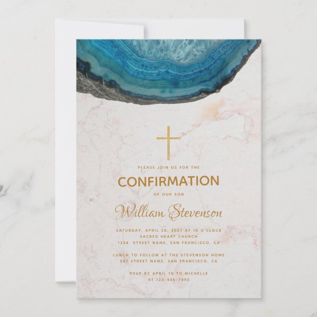 Confirmation Blue Geode Marble Gold Cross Boy Invitation (Front)