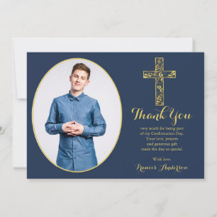 Confirmation Blue Gold Cross Boy Photo  Thank You  Card