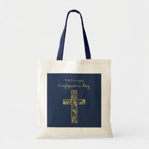 Confirmation Blue Gold Cross  Tote Bag