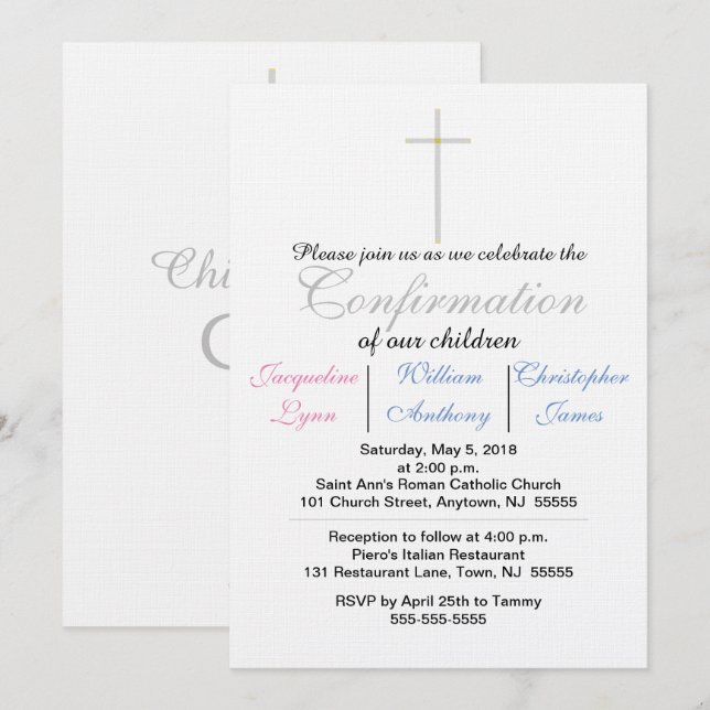 Confirmation Blue Pink Triplets Invitation (Front/Back)