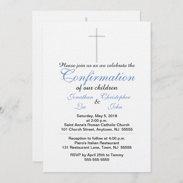 Confirmation Blue Twins Crisp White Invitation (Front/Back)