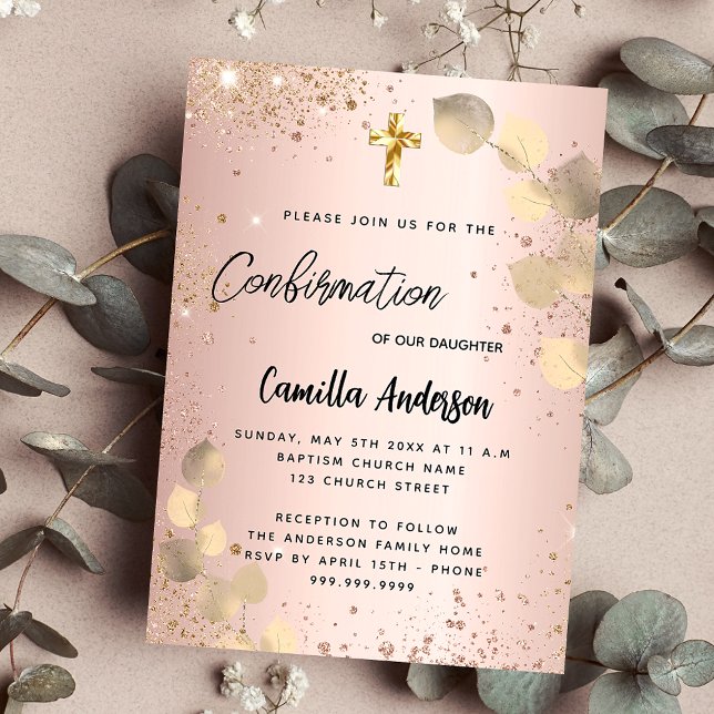 Confirmation blush eucalyptus gold glitter invitation postcard (Creator Uploaded)