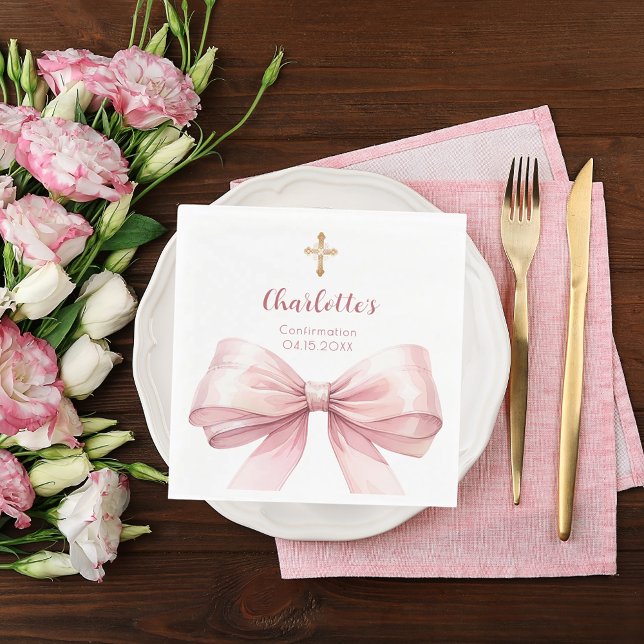 Confirmation blush pink bow cross luncheon napkin (Creator Uploaded)