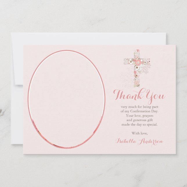 Confirmation blush pink Floral Cross Girl Photo  Thank You Card (Front)