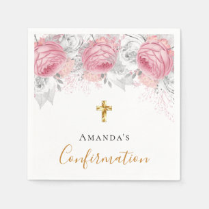 Confirmation blush pink floral white name girl napkin