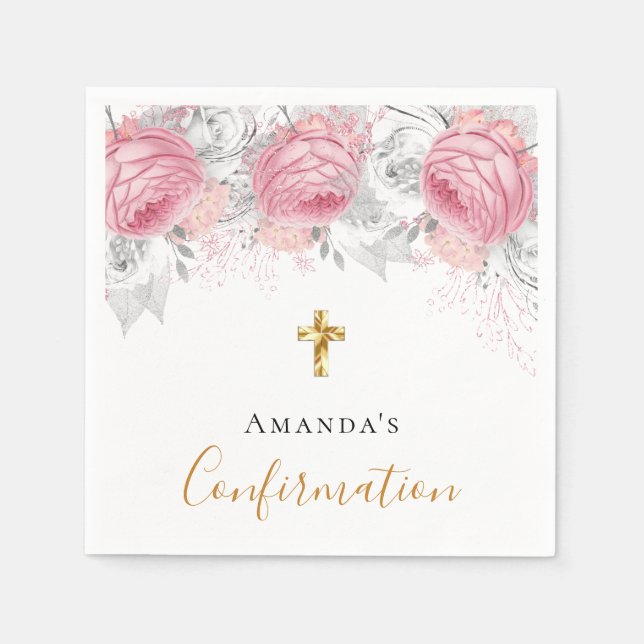 Confirmation blush pink floral white name girl  napkin (Front)