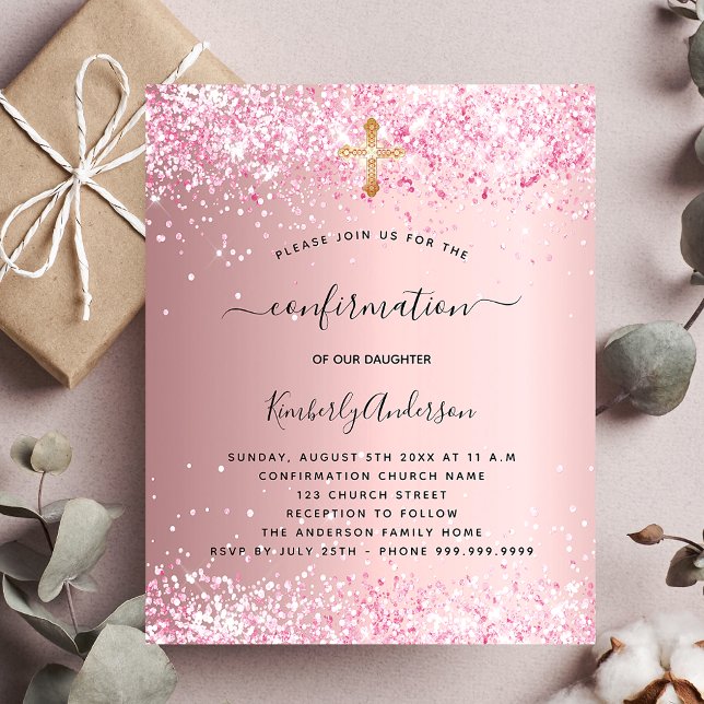 Confirmation blush pink glitter budget invitation (Creator Uploaded)