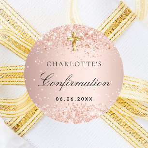 Confirmation blush rose gold glitter name girl classic round sticker