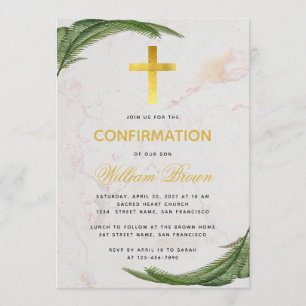 Confirmation Botanical Fern Faux Gold Cross Marble Invitation
