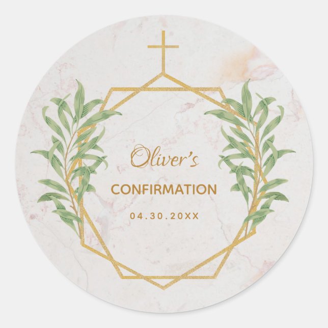Confirmation Botanical Greenery Gold Geometric  Classic Round Sticker (Front)