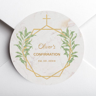Confirmation Botanical Greenery Gold Geometric  Classic Round Sticker