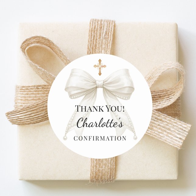Confirmation bow ivory pearls cross thank you classic round sticker (Creator Uploaded)