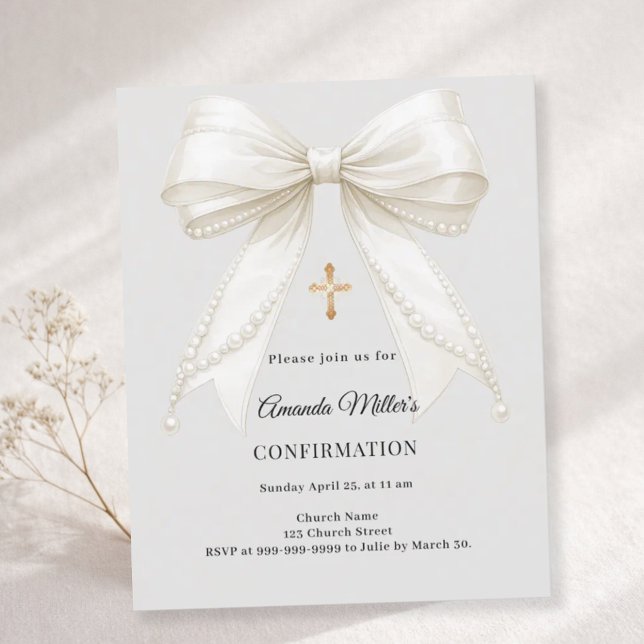 Confirmation bow ivory pearls girl gray invitation (Creator Uploaded)