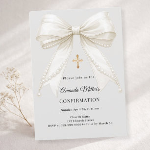 Confirmation bow ivory pearls girl gray invitation
