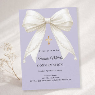 Confirmation bow ivory pearls girl lavender invitation