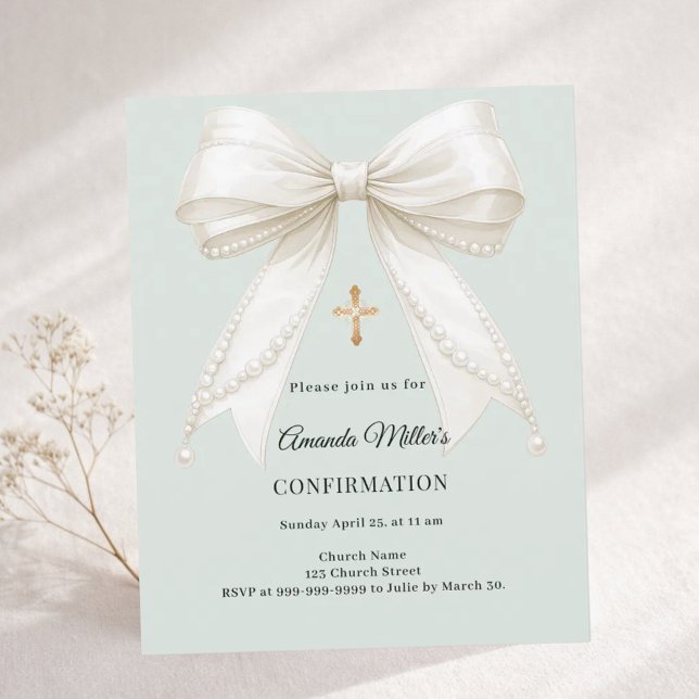 Confirmation bow ivory pearls sage invitation (Creator Uploaded)