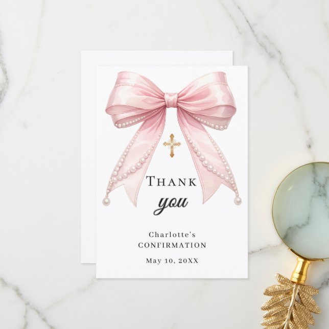 Confirmation bow pink pearls gold cross thank you card (Front/Back In Situ)