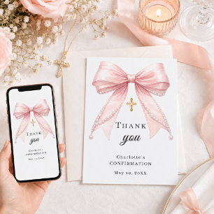 Confirmation bow pink pearls gold cross thank you card