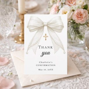 Confirmation bow white ivory pearls thank you card