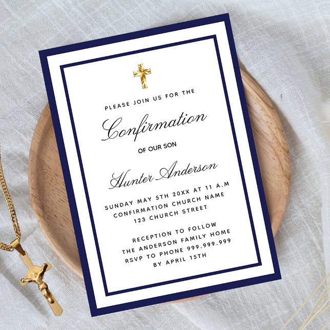 Confirmation boy royal blue white minimalist invitation (Creator Uploaded)