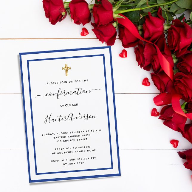 Confirmation boy royal blue white minimalist invitation (Creator Uploaded)