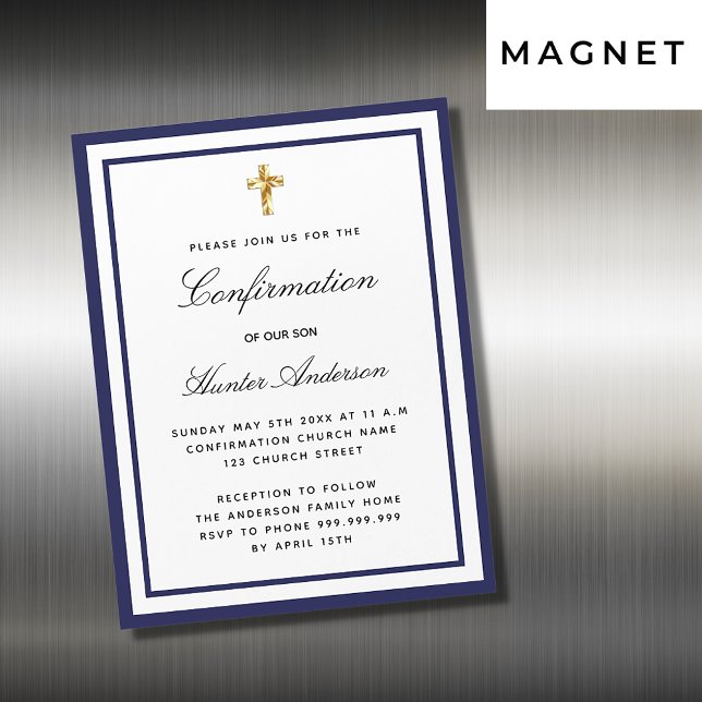 Confirmation boy royal blue white minimalist magnetic invitation (Creator Uploaded)