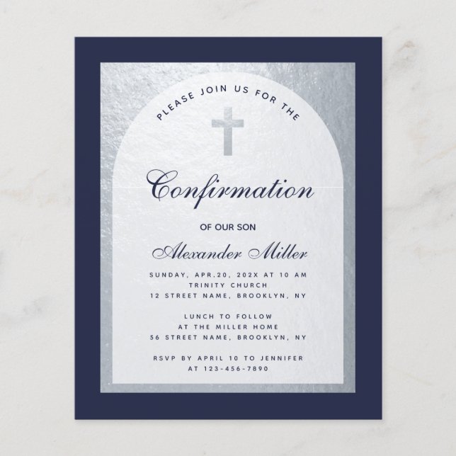 Confirmation Budget Navy Blue Silver Invitation (Front)