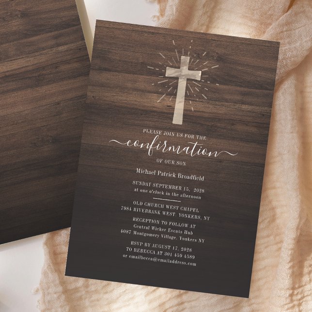 Confirmation Ceremony Church Cross Rustic Wood Invitation (Rustic Wood Background Script Confirmation Invitation)