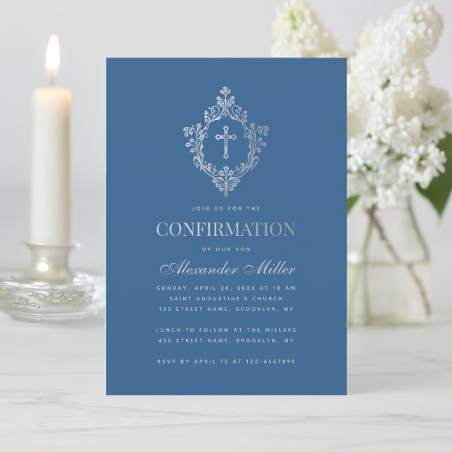 Confirmation Classic Blue Boy Faux Silver Crest Invitation (Creator Uploaded)