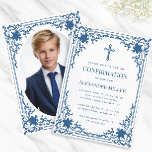 Confirmation Classic Blue Vintage Ornate Boy Photo Invitation