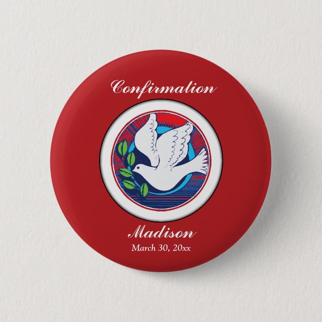 Confirmation Colourful Dove on Red Background 6 Cm Round Badge (Front)