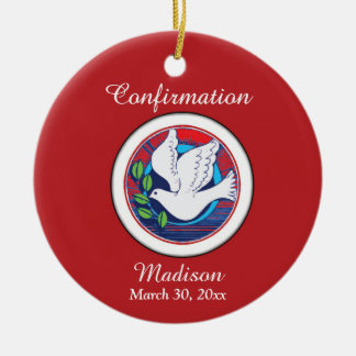 Confirmation Colourful Dove on Red Background Ceramic Ornament