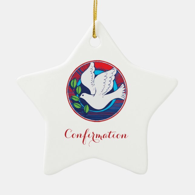 Confirmation Colourful Dove on Red Background Ceramic Ornament (Front)