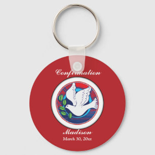 Confirmation Colourful Dove on Red Background Key Ring