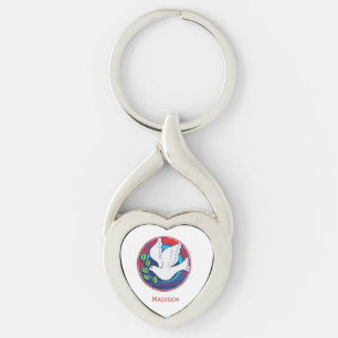 Confirmation Colourful Dove on Red Background Key Ring