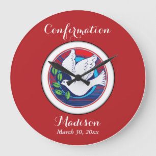 Confirmation Colourful Dove on Red Background Large Clock