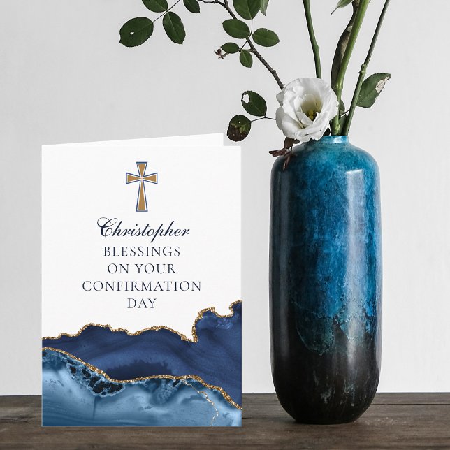 Confirmation Congratulations Navy Blue Gold Cross Card (Creator Uploaded)