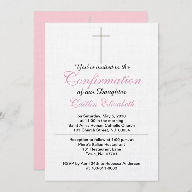 Confirmation Cross Daughter Pink Invitation (Front/Back)
