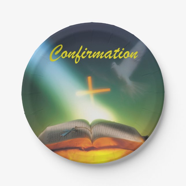 Confirmation Dove, Bible, Cross Paper Plate (Front)