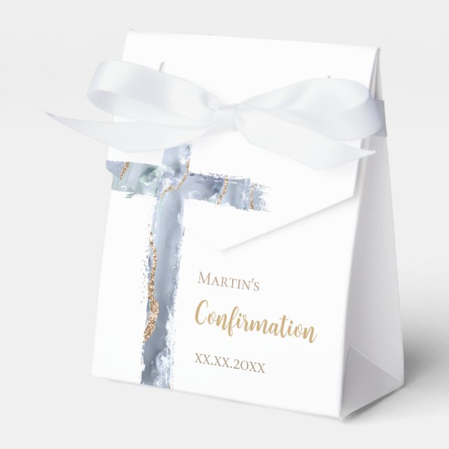 Confirmation dusty blue agate holy cross favour box (Front Side)