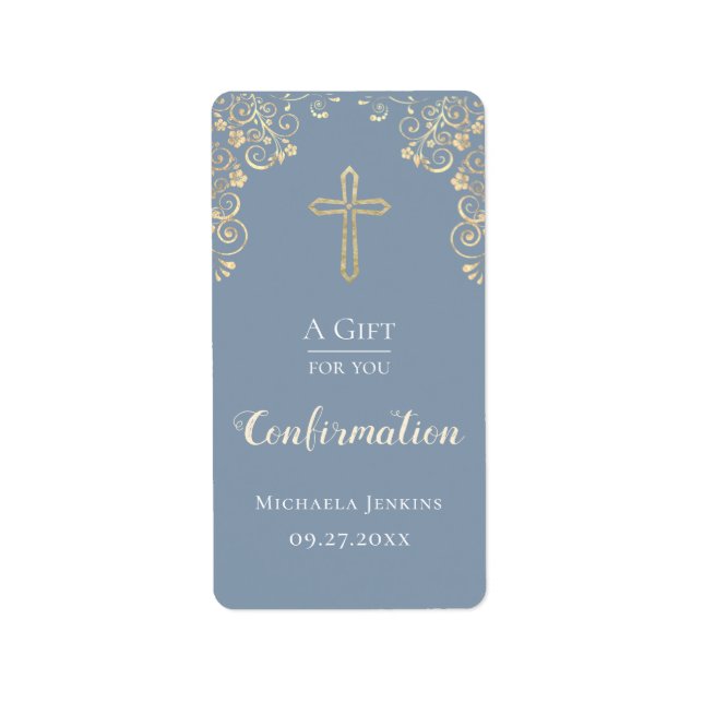 Confirmation Dusty Blue Gold Hand Sanitizer   Label (Front)