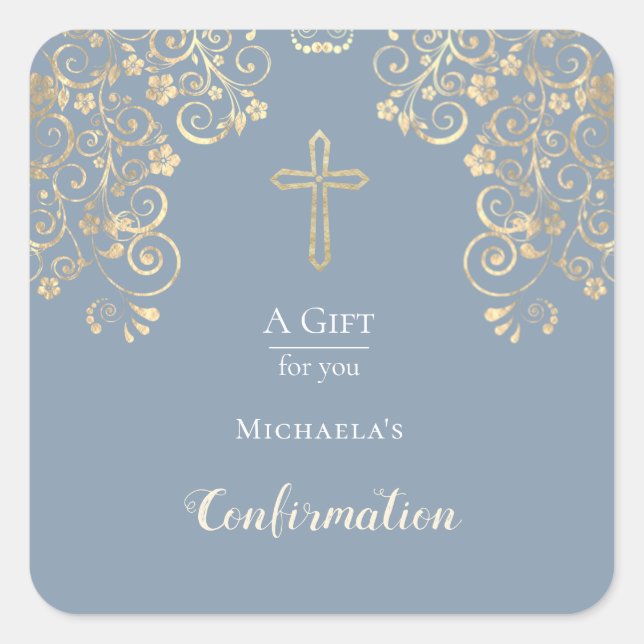  Confirmation Dusty Blue Gold Swirl Favour  Square Sticker (Front)