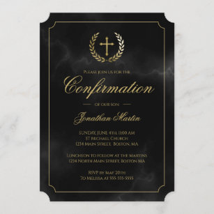 Confirmation Elegant Black Marble Gold Script Boy Invitation
