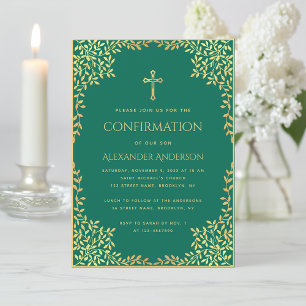 Confirmation Emerald Green Faux Gold Leaves Ornate Invitation