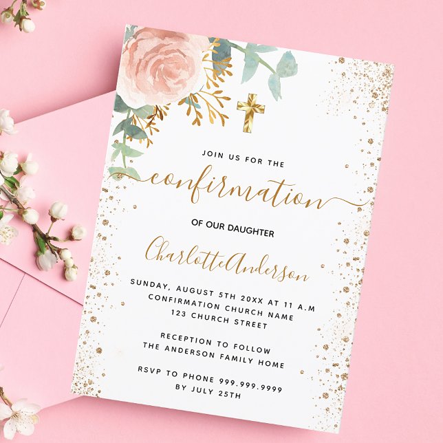 Confirmation eucalyptus blush pink floral girl invitation postcard (Creator Uploaded)