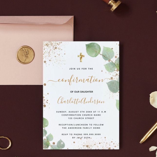 Confirmation eucalyptus glitter budget invitation flyer (Creator Uploaded)