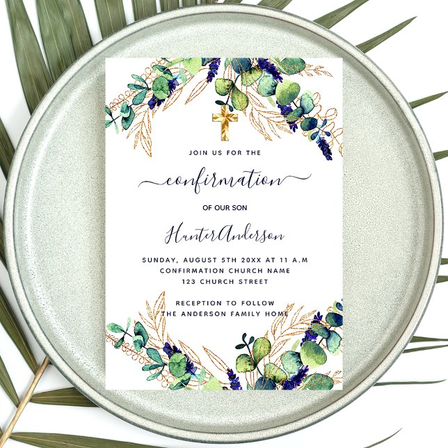Confirmation eucalyptus greenery blue boy invitation postcard (Creator Uploaded)