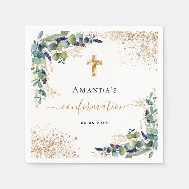 Confirmation eucalyptus greenery glitter monogram napkin (Front)